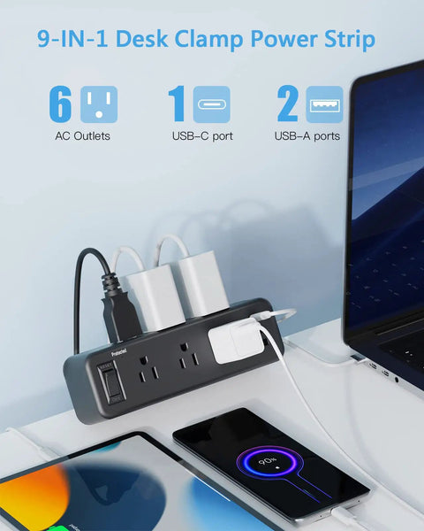 6 Outlet Desk Clamp Power Strip With USB-C And USB-A, Flat Plug Surge Protector, mounted on desk with charging devices