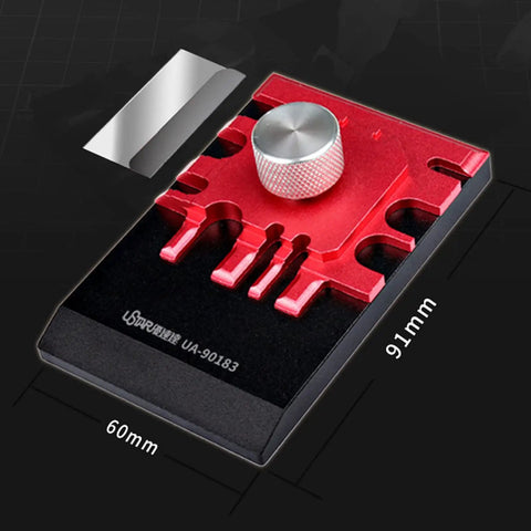 Metal Small Etched Parts Bender Model UA90183 for hobbyists, shown with red handle, durable metal construction, 60x91mm size