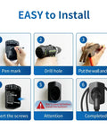Installation steps for Hella Secure Ev Charger Holder Wall Mount For Sae J1772 Type 1 Cable Organizer showing drilling and mounting process.