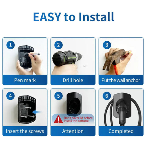 Installation steps for Hella Secure Ev Charger Holder Wall Mount For Sae J1772 Type 1 Cable Organizer showing drilling and mounting process.