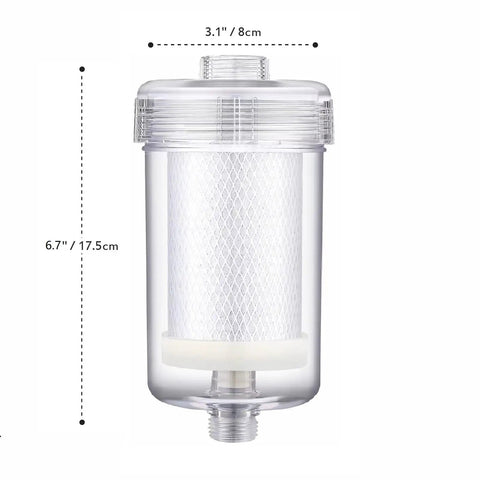2 Micron High Flow Washer Water Filter System With Visible Chamber For Cleaner Laundry, 6.7-inch transparent chamber view.