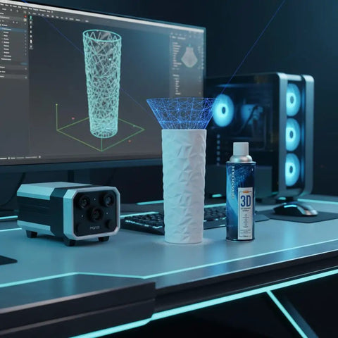 Pro Grade 3D Scanning Spray For All 3D Scanners Boost Reflectivity On Transparent And Shiny Surfaces Easy To Clean Safe Material 500ML For Higher Capture Accuracy bottle next to a 3D scanning setup with a textured vase on a desk.