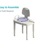 Beefy Sliding and Rotating Shower Bench With Back White Bariatric Safe Height Adjustable Legs From 16 to 23 Inches in Quarter-Inch Increments 450 lb Weight Capacity Quick-Change Leg Design Built-In Soap Tray Spray Holder Curtain Slit shown. Easy assembly.