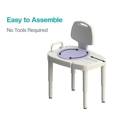Beefy Sliding and Rotating Shower Bench With Back White Bariatric Safe Height Adjustable Legs From 16 to 23 Inches in Quarter-Inch Increments 450 lb Weight Capacity Quick-Change Leg Design Built-In Soap Tray Spray Holder Curtain Slit shown. Easy assembly.
