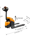 Apollo 4400 Lbs Capacity Electric Pallet Jack With 48 X 27 Forks showing dimensions, ergonomic handle, and compact design for narrow aisles.