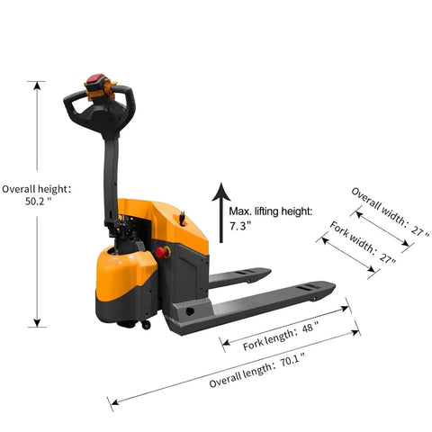 Apollo 4400 Lbs Capacity Electric Pallet Jack With 48 X 27 Forks showing dimensions, ergonomic handle, and compact design for narrow aisles.