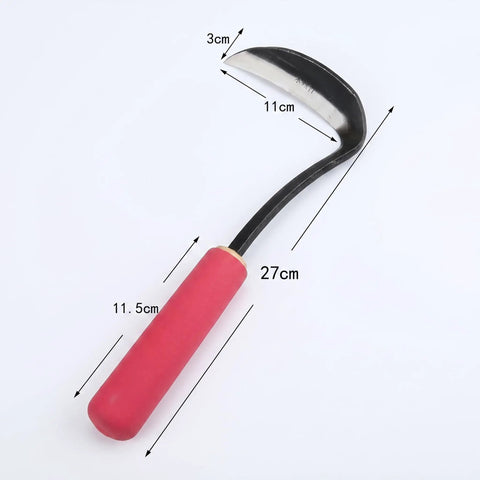 Rugged Weeding Sickle Tool With Sharp Blade, Hand Hoe And Weed Puller, Comfort Soft Sleeve Handle, tool dimensions shown