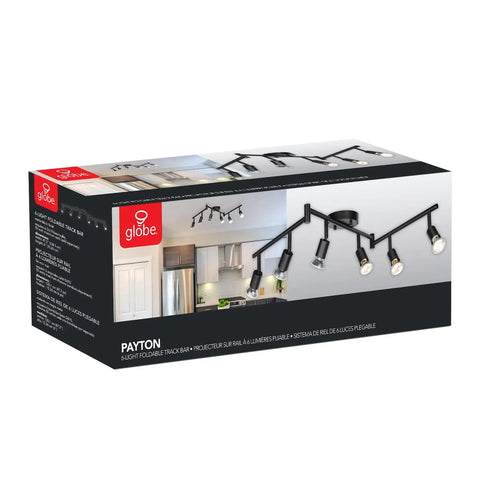 Packaging of Six Light Foldable Track Lighting Kit With Adjustable Heads And Bendable Arms In Matte Black Finish, Dimmable GU10 Base, Modern Industrial Style Ceiling Track Lighting For Kitchens And Living Areas