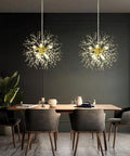 Gold Modern 8 Light Crystal Sputnik Dandelion Chandelier Pendant Lighting for dining room with two fixtures over table