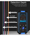 Heavy Duty Handheld No Sweat Stud Finder And Wall Scanner With Bright Digital Display showing detection depth for wood and metal.