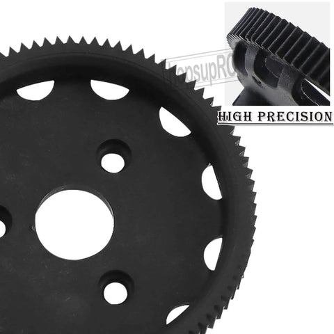 Close-up of a Beefy Nylon 48P 86T Spur Gear Upgrade Kit for 1/10 Slash 2WD Rustler Stampede Bandit VXL XL5 RC Cars, black nylon gear.