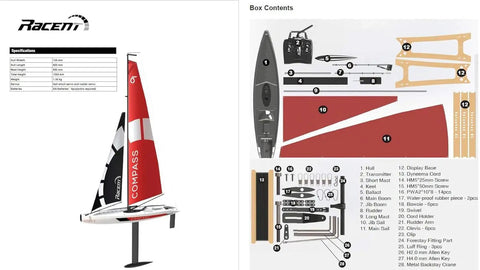 53 Inch Remote Control Sailboat Kit With Pre Assembled Sail Accessories, 2.4G Radio, diagram and box contents displayed