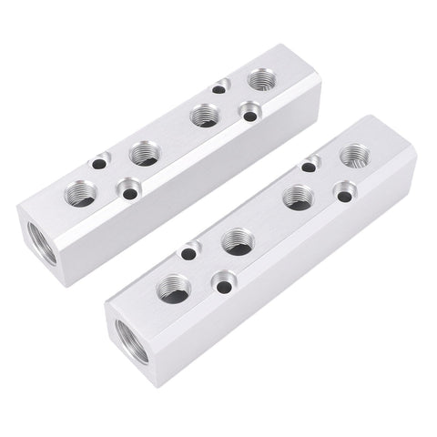 Durable Aluminum Air Manifold 4 Way 6 Port Distribution Block with One Quarter Inch NPT Output and One Half Inch NPT Supply Port