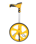 Heavy Duty Rolling Measuring Wheel With Glowing Backlight And Instant Memory Lock Awesome For Yard Work Or Line Marking Smooth Sailing Distance Tracking Totally Foolproof Ip54 with yellow wheel and adjustable handle.