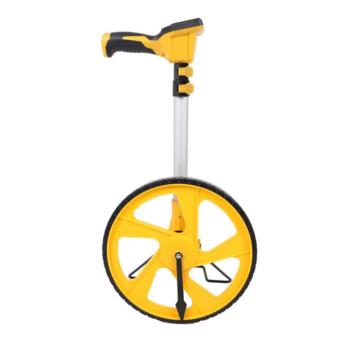 Heavy Duty Digital Measuring Wheel For Yard And Job Sites Folding Telescopic Handle With Backlit Screen and Carry Pouch Measures Up To 100K Feet No Sweat Rolling Distance Tracker Gear For Pros, side view.