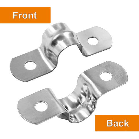 Front and back view of M10 Rigid Pipe Strap Kit 60 Pcs Stainless Steel Two Hole U Brackets Clamps for conduit management