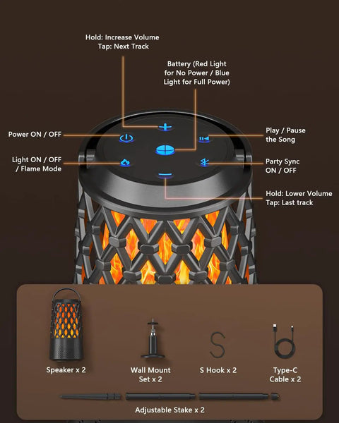 Outdoor Bluetooth Speaker Set With Flame Ambience LEDs Waterproof IPX6 Bluetooth 5.3 Auto Pairing Multi Sync Up To 100 Speakers