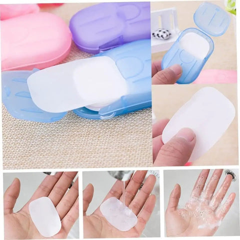 Grab and Go Disposable Soap Sheets Set showing paper soap in colorful boxes and lathered on hands