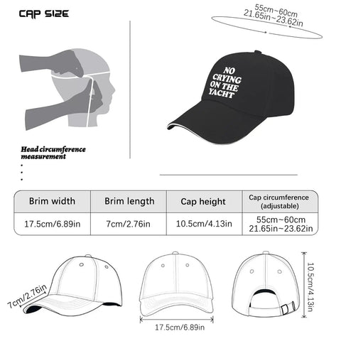 No Crying On The Yacht Golf Hat For Men with size chart, classic silhouette, allblack color, lightweight, easy to carry design.