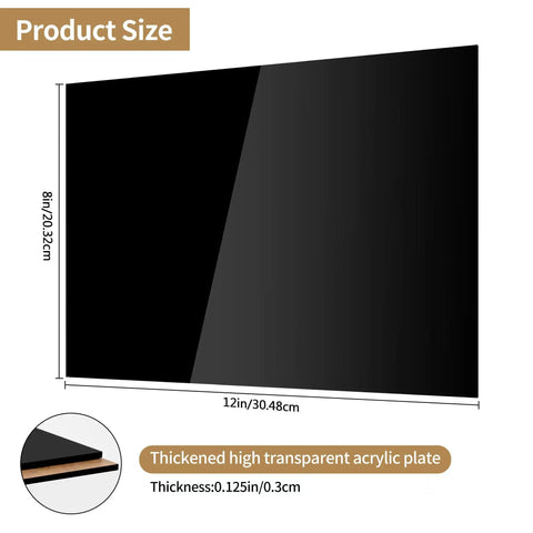 4 Pack Black Acrylic Sheets 8 X 12 Inches 1/8 Inch Thick 3mm Plexiglass For DIY Home Decor Crafting Painting Photography Switch Panels Display Stands With Protective Film, showing product size dimensions
