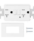 Rock Solid 20 Amp Smart Gfci Outlet With Child Door Shutters And Etl Listing For Knockout Shock Safety In Kitchens Bathrooms And Patios.Zero Sweat Wiring Slick White Abs Terminal Cover with faceplate and screws.