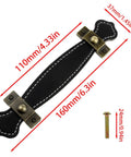 Black Leather Handle Set For Luggage And Home Storage Durable Handheld Trunk Handles Replacement For Closets Cabinets And Dressers Easy To Install 4 Pack Kit Built To Last Great For Travel And Everyday Home Organization, dimensions shown, black leather with brass fittings.