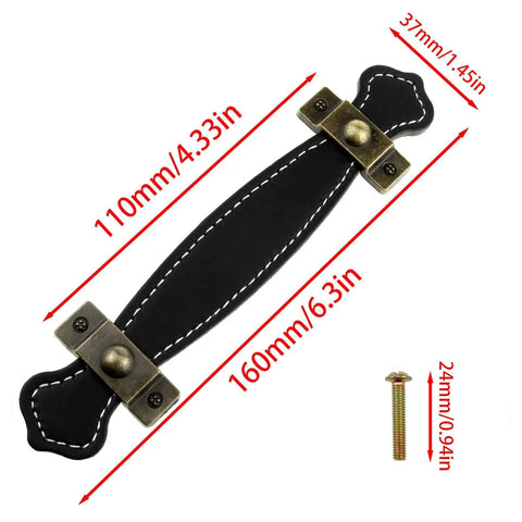 Black Leather Handle Set For Luggage And Home Storage Durable Handheld Trunk Handles Replacement For Closets Cabinets And Dressers Easy To Install 4 Pack Kit Built To Last Great For Travel And Everyday Home Organization, dimensions shown, black leather with brass fittings.