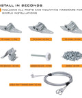 Heavy Duty 14 Gauge Garage Door Hinge And Roller Bracket Tune Up Kit With 6200ZZ Bearings displayed with screws and cable