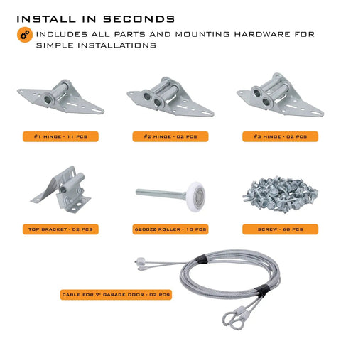 Heavy Duty 14 Gauge Garage Door Hinge And Roller Bracket Tune Up Kit With 6200ZZ Bearings displayed with screws and cable