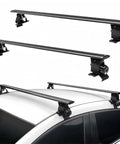 51 Inch Universal Car Roof Rack Cross Bars For Bare Roof Vehicles in heavy duty aluminum on white car, shown with clamps.
