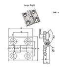 Diagram and image of heavy duty stainless steel hinge, large right size, showing dimensions and design for industrial machinery doors and panels.