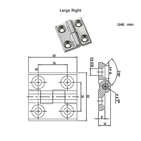 Diagram and image of heavy duty stainless steel hinge, large right size, showing dimensions and design for industrial machinery doors and panels.