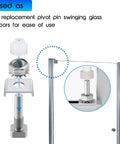 Upgraded Shower Door Pivot Pin Replacement Kit For Framed Glass Swing Doors showing assembly of stainless steel parts for easy installation.