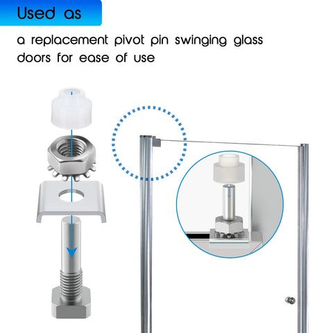Upgraded Shower Door Pivot Pin Replacement Kit For Framed Glass Swing Doors showing assembly of stainless steel parts for easy installation.