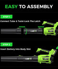 Assembly instructions for Cordless Leaf Blower With 650 CFM And 180 MPH, Brushless Powerhouse, detailed in two steps.