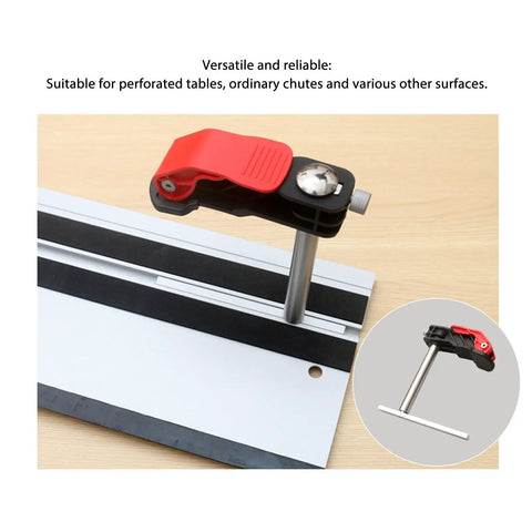 Two Pack Quick Release Hold Down Clamps For Woodworking Beefy Pro Grade Heavy Duty Stainless Steel Bench Dog Clamps displayed on table