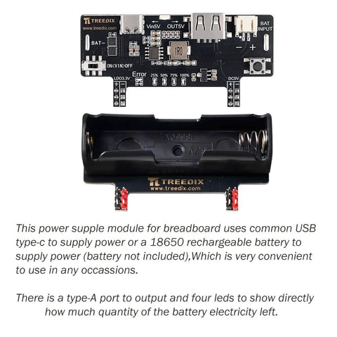 Dope Two Pack Breadboard Power Supply Module With USB C Charging 3.3V And 5V Rails Type A Output Rechargeable Battery Stand Perfect For Arduino Prototyping And Quick DIY Projects, showing module and battery slot.