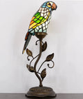 Small Tiffany Parrot Lamp Handmade Colorful Stained Glass Birds Coffee Table Lamp 19.5 Inches Tall Vintage Leaf Accent Desk Night Light