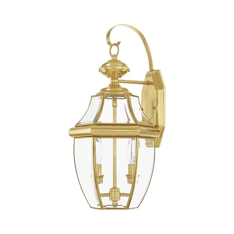 Monterey Two Light Outdoor Wall Lantern in Polished Brass Finish with clear beveled glass, classic design, side view