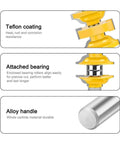 Pro 3-Piece T Slot Router Bit Set With Bearings For Precision Wood Milling Joinery And Rabbeting 8mm 12mm Shank Sizes details including Teflon coating and alloy handle.