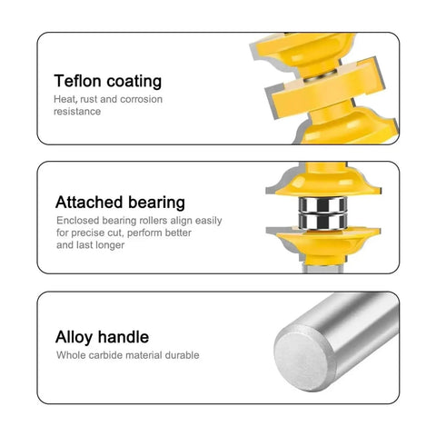 Pro 3-Piece T Slot Router Bit Set With Bearings For Precision Wood Milling Joinery And Rabbeting 8mm 12mm Shank Sizes details including Teflon coating and alloy handle.