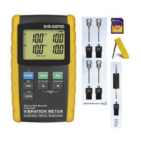 All In One Vibe Meter With SD Card Data Logger For Real Time Analysis Of Acceleration Velocity And Displacement, Built In Data Logging For Long Term Trend Tracking, Large Backlit LCD Display For Clear Readouts Anywhere. Handheld vibration meter with probes and SD card