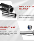Needle roller bearings and upgraded axle components for 5 Inch Polyurethane Caster Set Of 4 Heavy Duty 3200 Lb Capacity For Tool Carts And Workbenches 2 Swivel With Brakes And 2 Rigid Straight Tracking Industrial Casters With Needle Roller Bearings And Galvanized Steel Frame enhancing smooth rolling.