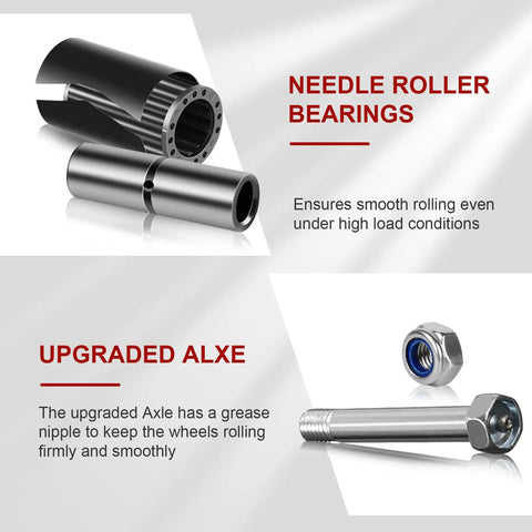Needle roller bearings and upgraded axle for caster wheel durability and performance enhancement.