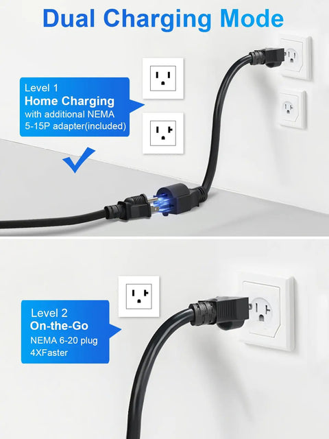 Dual Level EV Charger For Level 1 And Level 2 120V 240V 16A Portable On The Go Charging With NEMA 6-20 And NEMA 5-15 Plugs setup