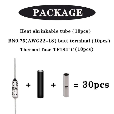 Pack Of Ten 184 Degree Metal Thermal Cutoffs Thermal Fuses 10A 250V With Non Insulated Butt Connectors For 22 To 18 AWG