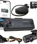 2K QHD Front And Rear Dash Cam With WiFi WDR Crystal Clear Night Vision 2 Point 0 ADAS Parking Monitor Speed Red Light Alerts 256GB Max 2 Channel Front And Rear Hardwiring Cable Included, dash cams with accessories including GPS and cables.