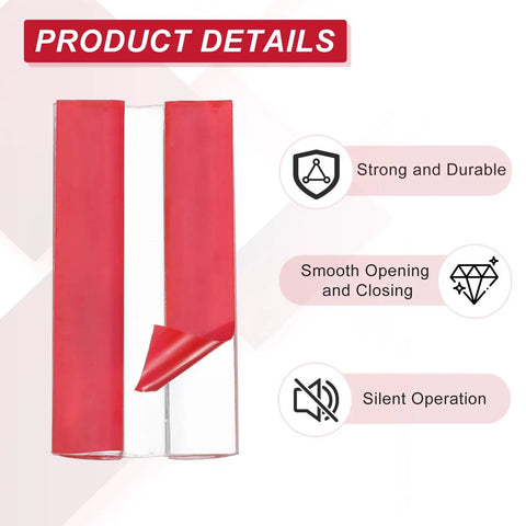 Slick Self Adhesive Acrylic Hinges Clear Flexible Piano Strap For Furniture Fixing And Aquarium Lids Totally Legit Sturdy Hold Super Easy Press On Design Clean Invisible Look Pack Of 4 product details showing red adhesive strip.