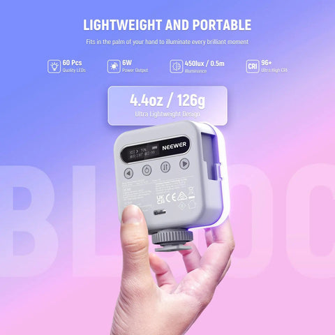 Hand holding Magnetic RGB Video Light For Cameras, 360 Degree Full Color LED Light With CRI 96 Plus, lightweight design