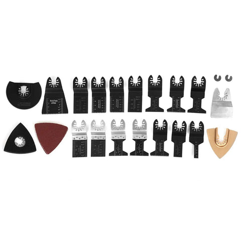 Image of Universal Oscillating Saw Blades Set For Wood Metal Plastic High Carbon Steel 26 Pieces Multitool Kit showing various blades.